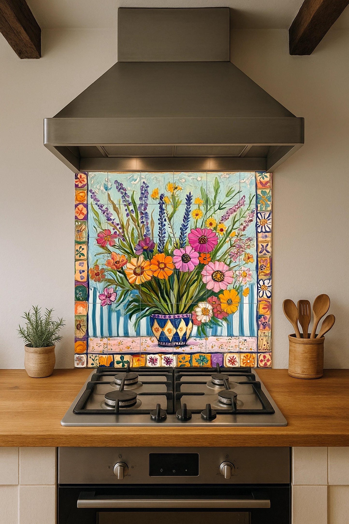 Ceramic tile mural with a colorful bouquet of wildflowers in a patterned vase, lavender, daisies, zinnias and decorative wall art with ornate border.