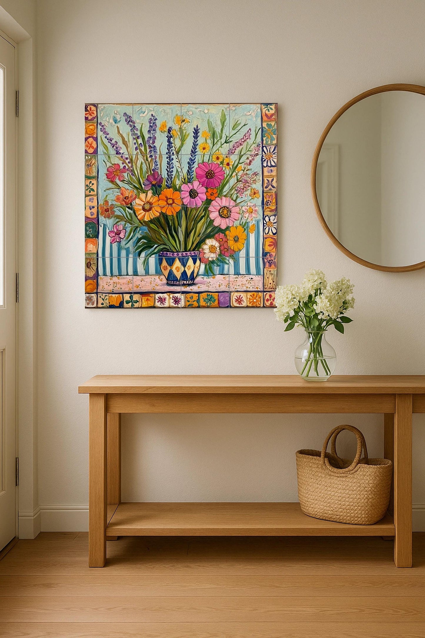 Ceramic tile mural with a colorful bouquet of wildflowers in a patterned vase, lavender, daisies, zinnias and decorative wall art with ornate border.