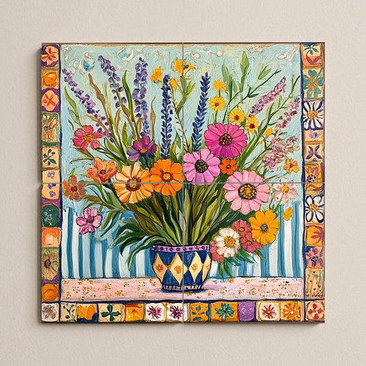 Ceramic tile mural with a colorful bouquet of wildflowers in a patterned vase, lavender, daisies, zinnias and decorative wall art with ornate border.