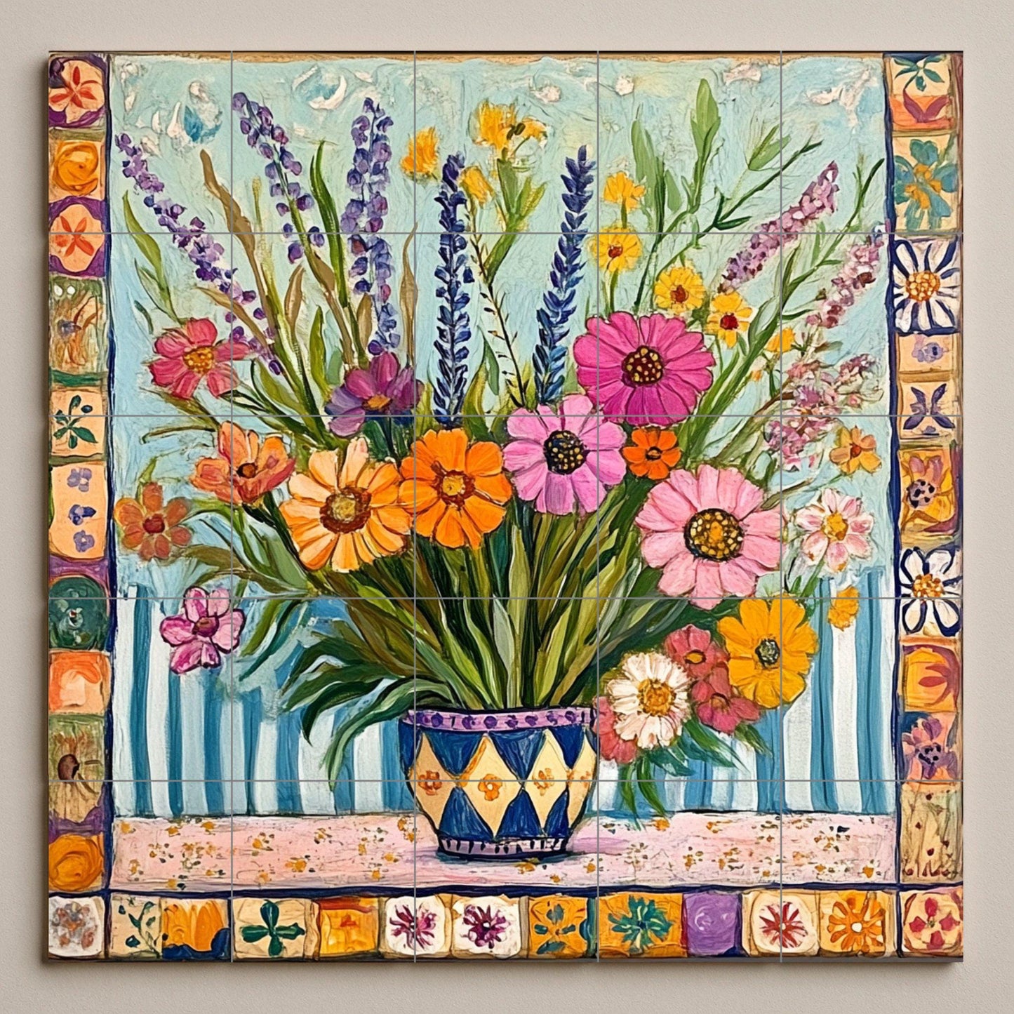 Ceramic tile mural with a colorful bouquet of wildflowers in a patterned vase, lavender, daisies, zinnias and decorative wall art with ornate border.
