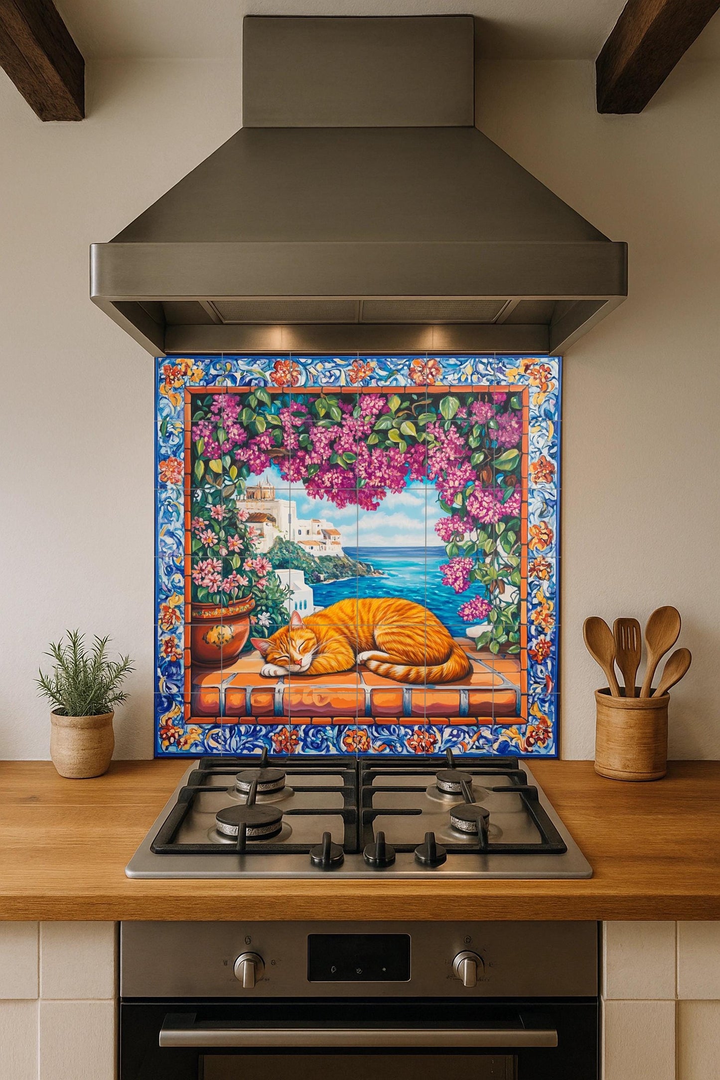 Ceramic tile mural with orange cat sleeping on terracotta tiles, view of a Mediterranean coastal village, bougainvillea and ornate floral border.
