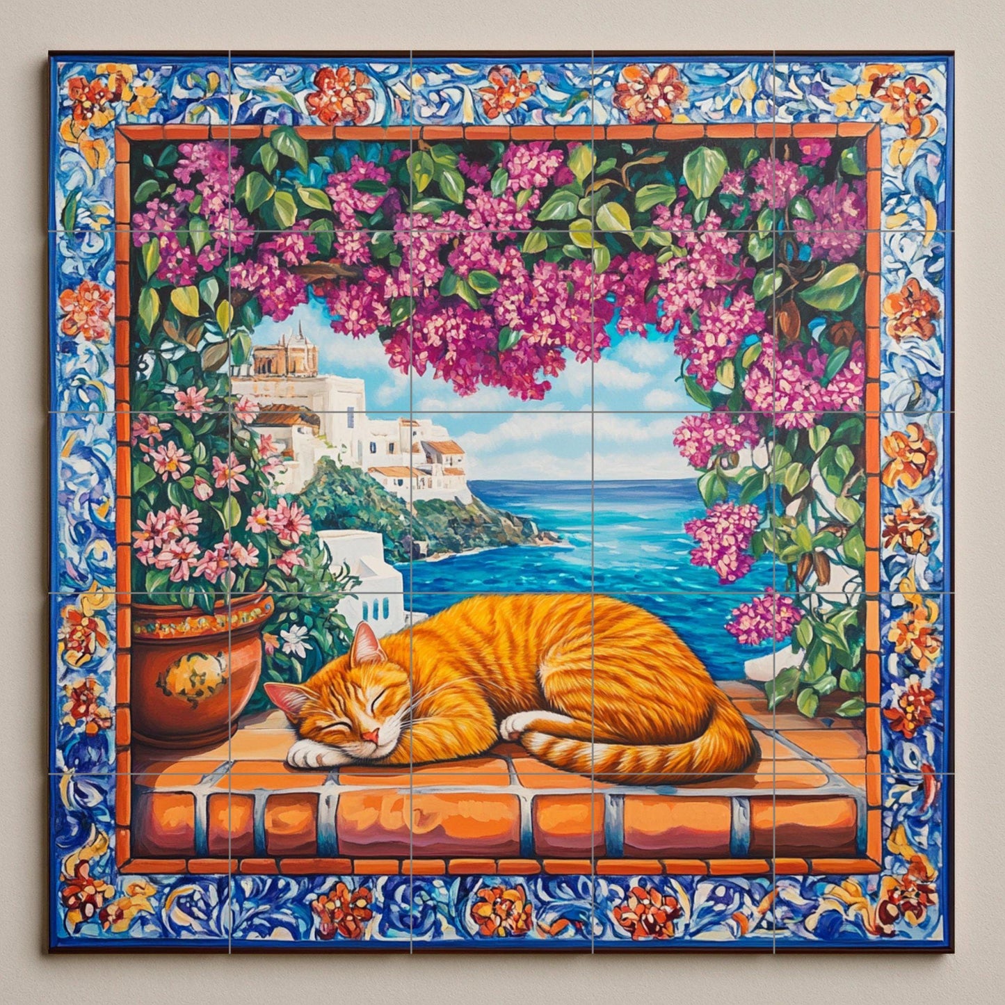 Ceramic tile mural with orange cat sleeping on terracotta tiles, view of a Mediterranean coastal village, bougainvillea and ornate floral border.