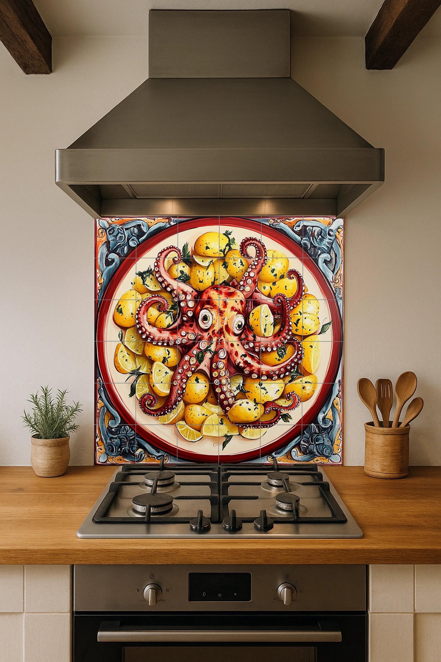 Ceramic tile mural with Galician-style octopus with potatoes and lemons, decorative seafood dish.