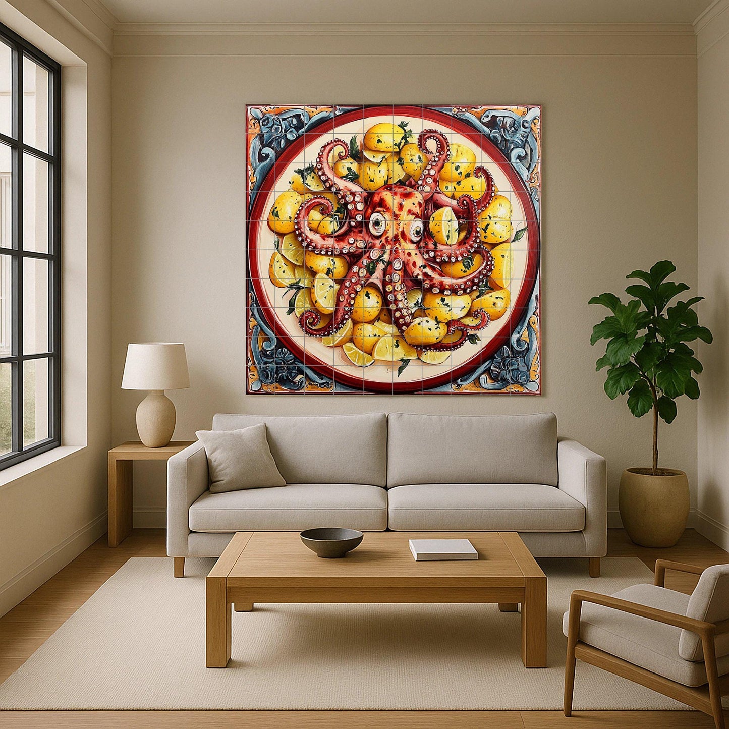 Ceramic tile mural with Galician-style octopus with potatoes and lemons, decorative seafood dish.
