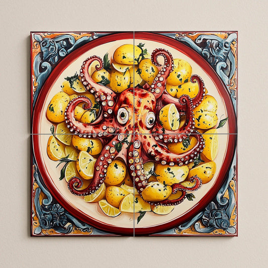 Ceramic tile mural with Galician-style octopus with potatoes and lemons, decorative seafood dish.