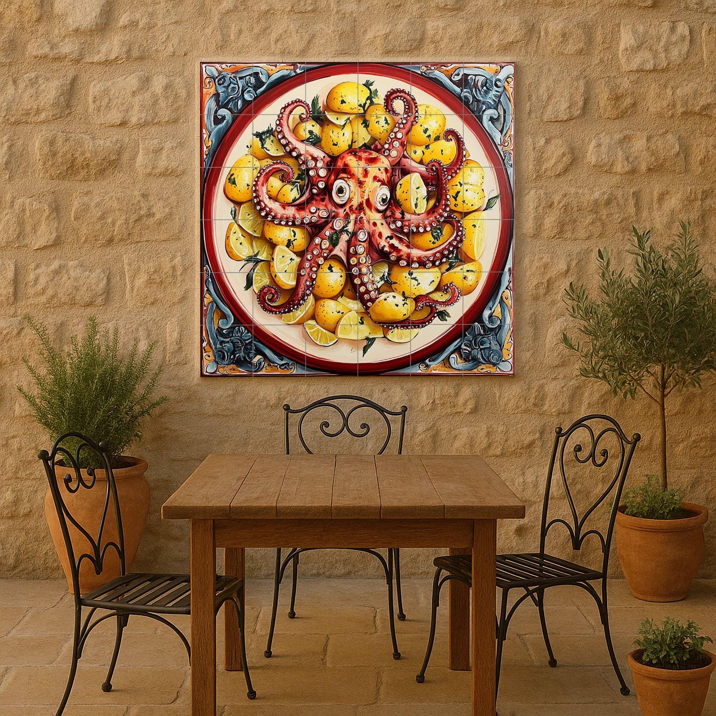 Ceramic tile mural with Galician-style octopus with potatoes and lemons, decorative seafood dish.