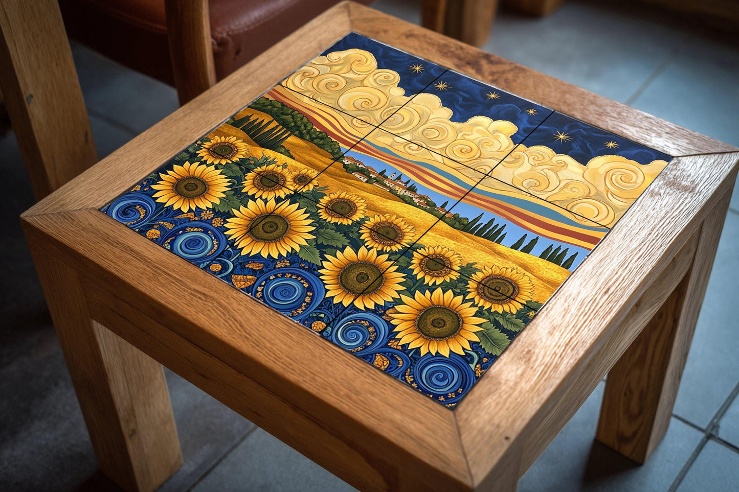 Ceramic tile mural in Van Gogh style with sunflowers, starry night sky, golden fields of Tuscany and cypress trees.
