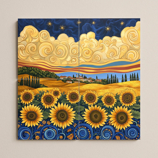 Ceramic tile mural in Van Gogh style with sunflowers, starry night sky, golden fields of Tuscany and cypress trees.