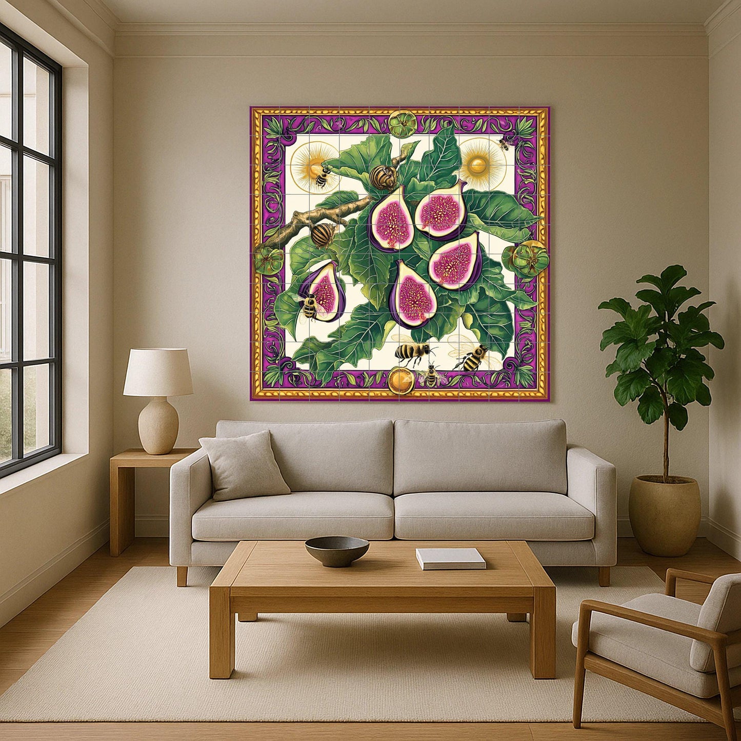 Ceramic tile mural featuring figs, leaves, bees and snails, detailed fruit design with decorative wall art panel with ornate border in purple and gold.