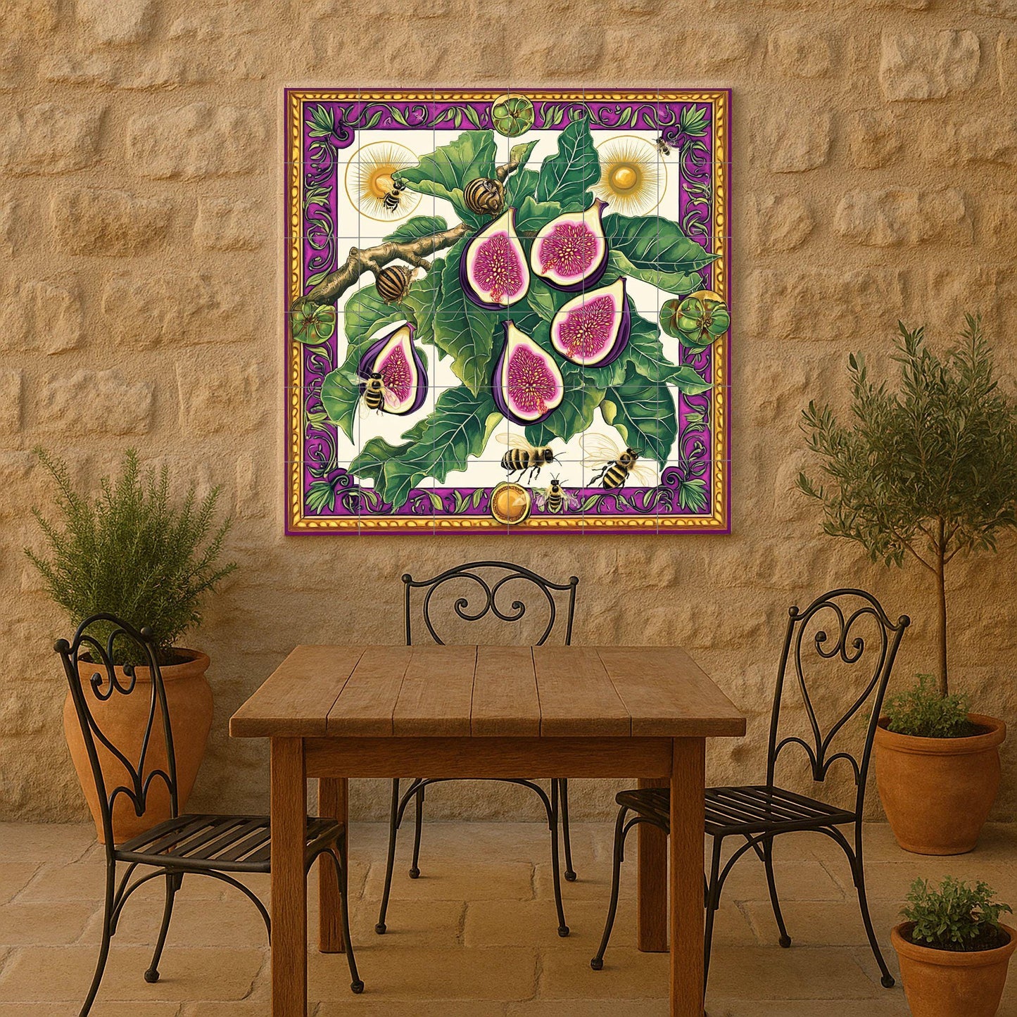 Ceramic tile mural featuring figs, leaves, bees and snails, detailed fruit design with decorative wall art panel with ornate border in purple and gold.