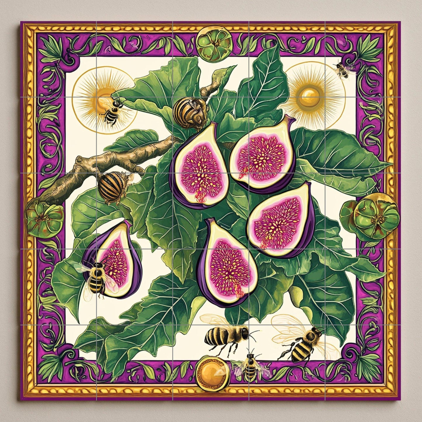 Ceramic tile mural featuring figs, leaves, bees and snails, detailed fruit design with decorative wall art panel with ornate border in purple and gold.