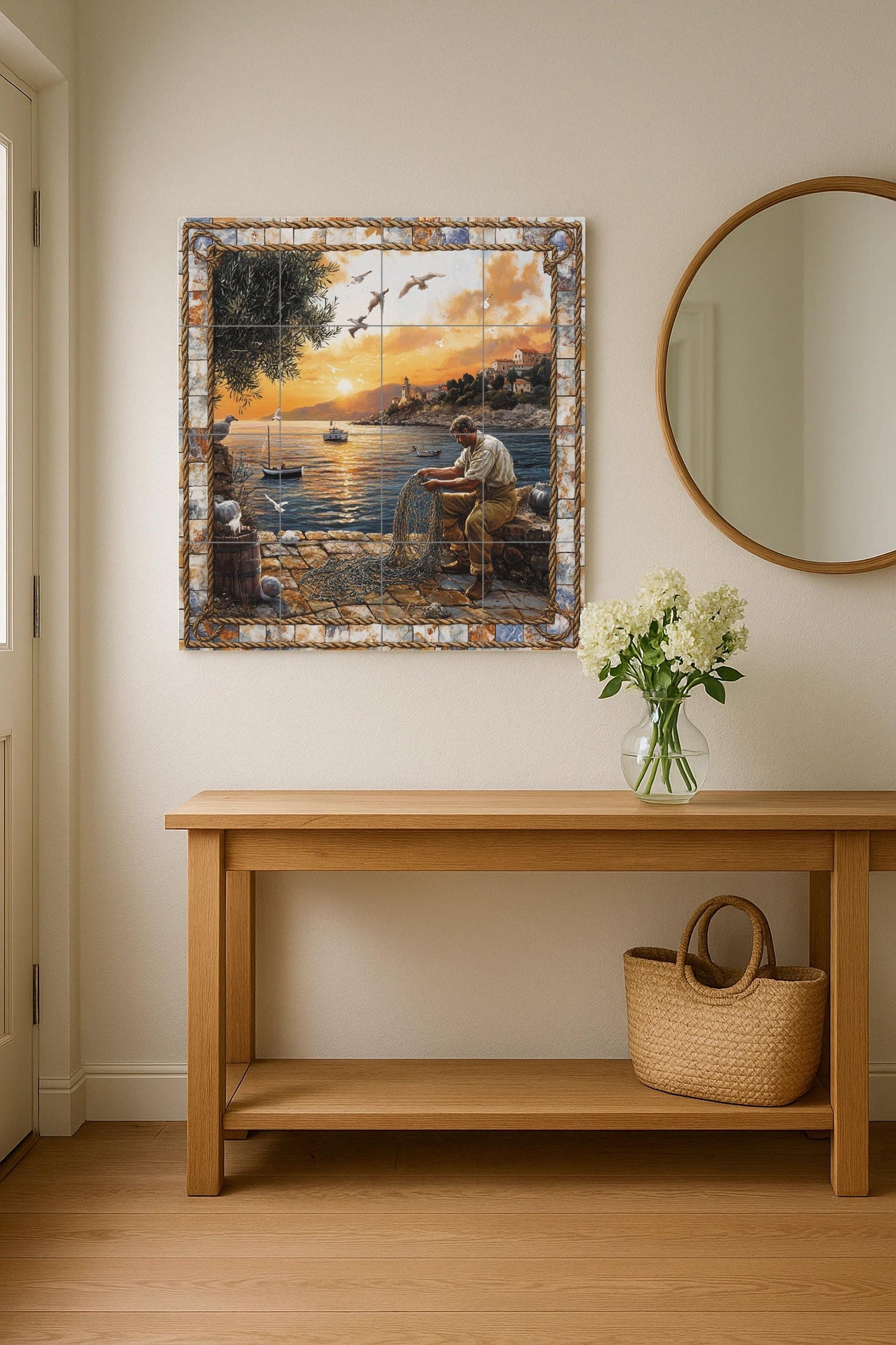 Ceramic tile mural featuring a fisherman repairing a net by the sea, coastal scene at sunset with boats and seagulls, wall panel with rope stone border