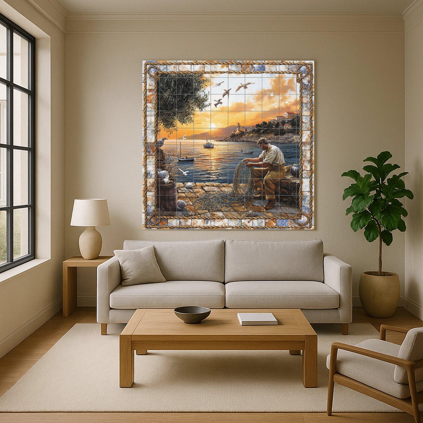 Ceramic tile mural featuring a fisherman repairing a net by the sea, coastal scene at sunset with boats and seagulls, wall panel with rope stone border