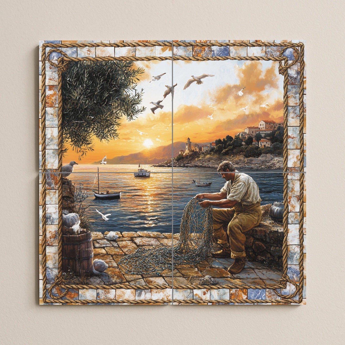 Ceramic tile mural featuring a fisherman repairing a net by the sea, coastal scene at sunset with boats and seagulls, wall panel with rope stone border