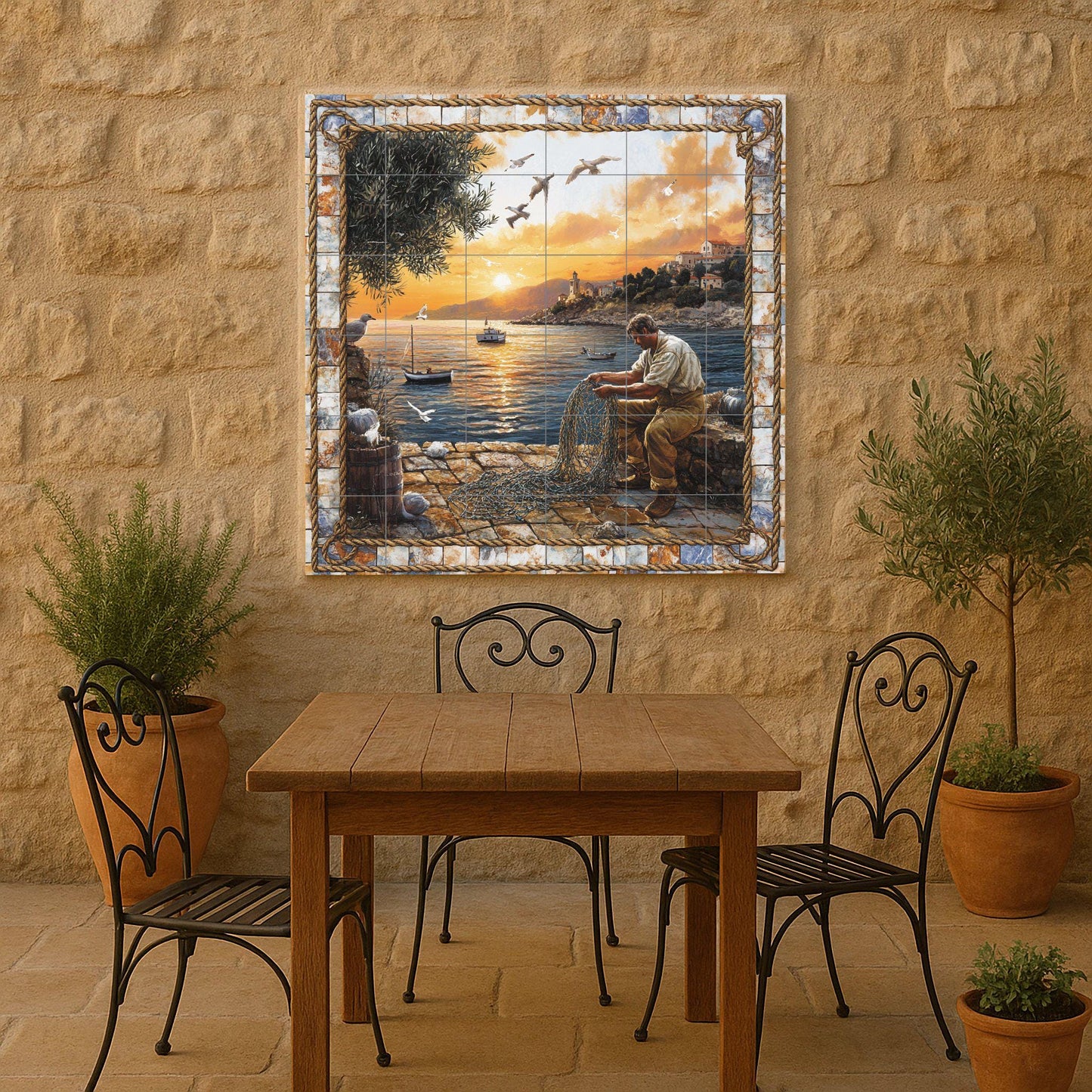 Ceramic tile mural featuring a fisherman repairing a net by the sea, coastal scene at sunset with boats and seagulls, wall panel with rope stone border