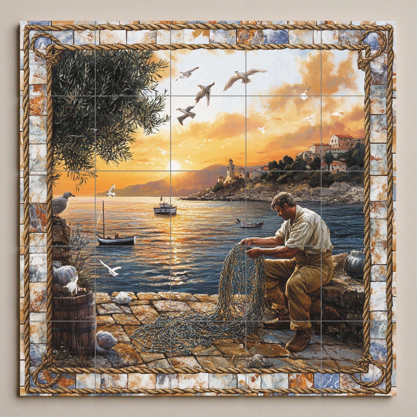 Ceramic tile mural featuring a fisherman repairing a net by the sea, coastal scene at sunset with boats and seagulls, wall panel with rope stone border