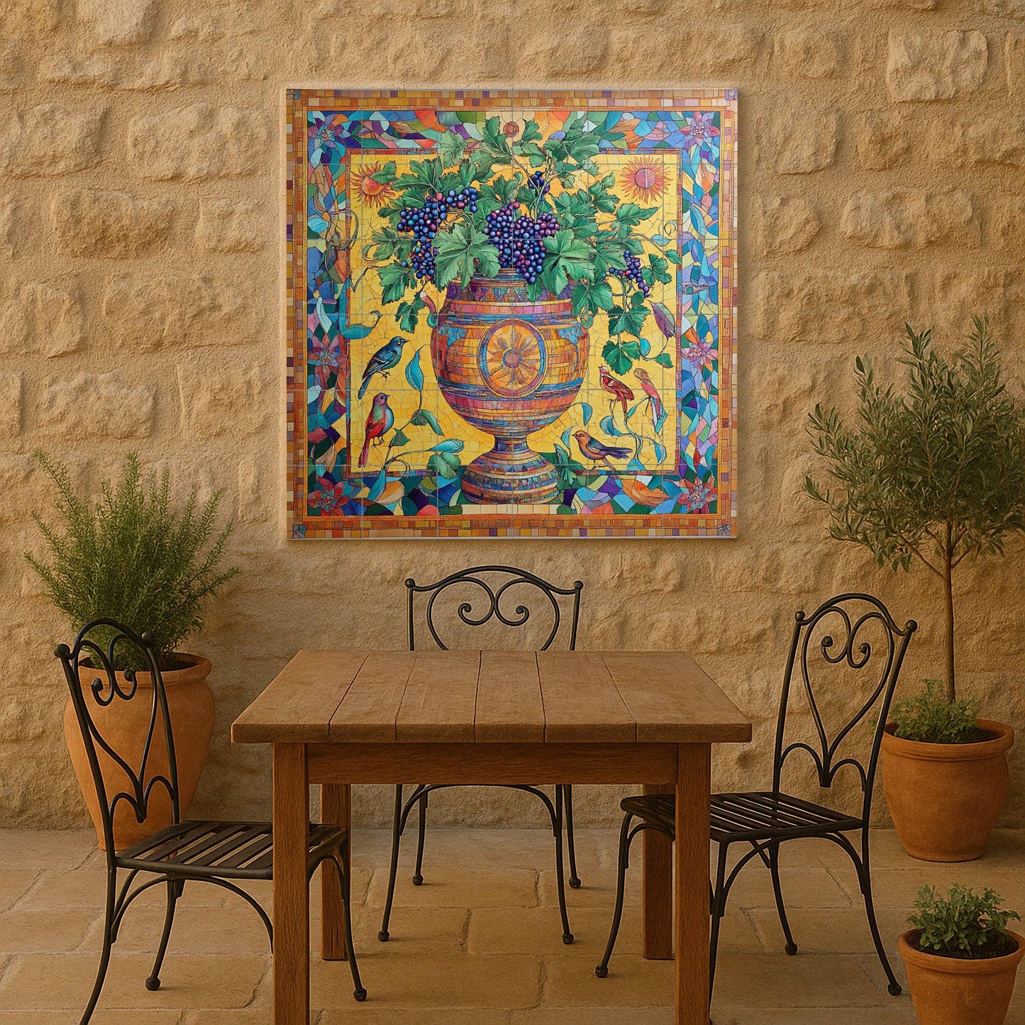 Roman ceramic mosaic mural with vine urn and images of Bacchic vineyards, classical urn with grapes, birds and tesserae border