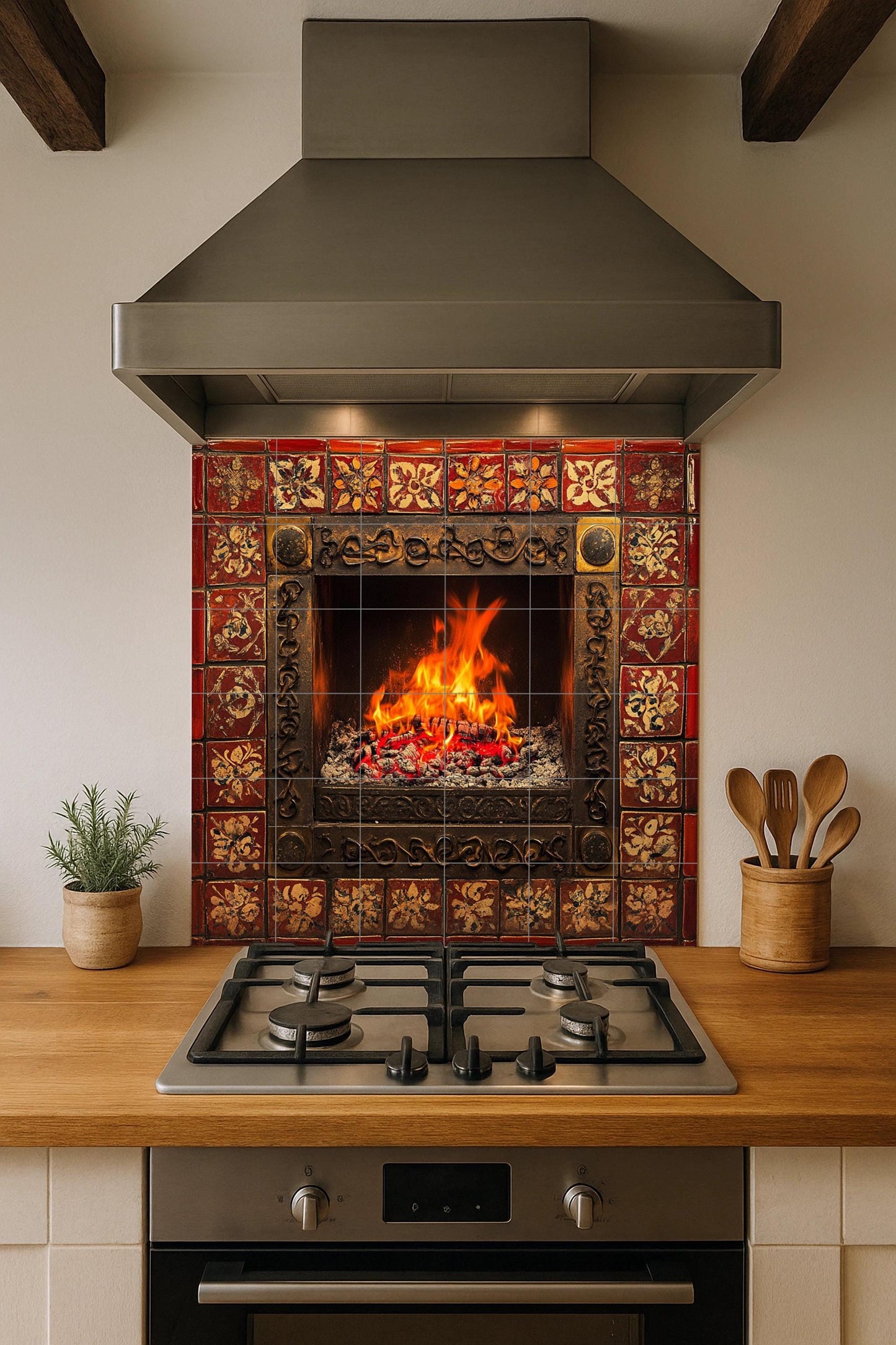 Ceramic tile mural with a lit fireplace and bright flames, border adorned with a red and gold pattern, decorative wall art panel