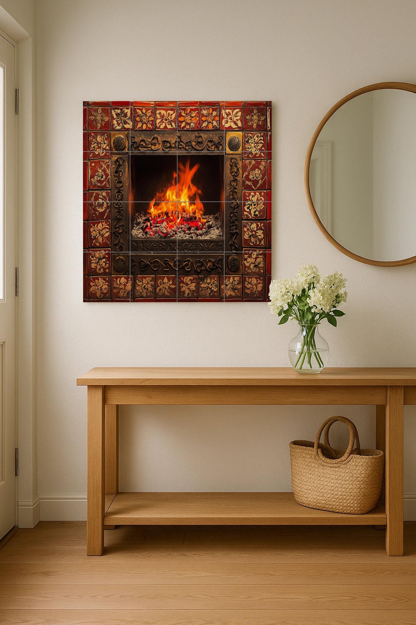 Ceramic tile mural with a lit fireplace and bright flames, border adorned with a red and gold pattern, decorative wall art panel