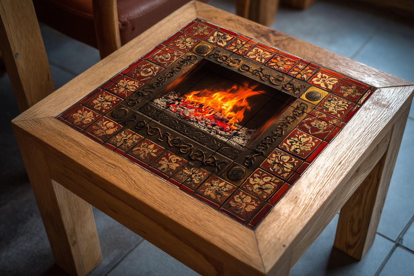 Ceramic tile mural with a lit fireplace and bright flames, border adorned with a red and gold pattern, decorative wall art panel