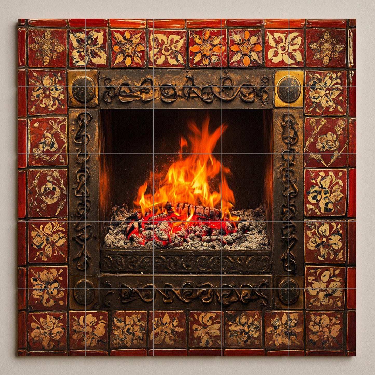 Ceramic tile mural with a lit fireplace and bright flames, border adorned with a red and gold pattern, decorative wall art panel