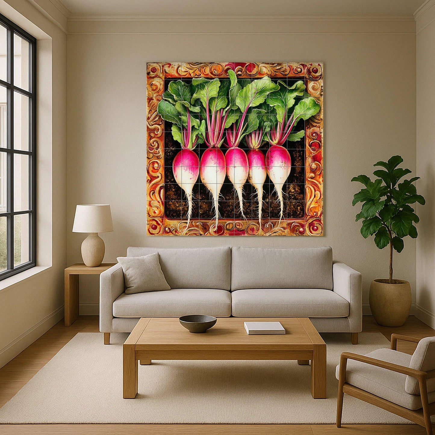 Ceramic tile mural featuring fresh radishes and leafy stems, detailed tuber design with ornate frame, decorative wall art panel