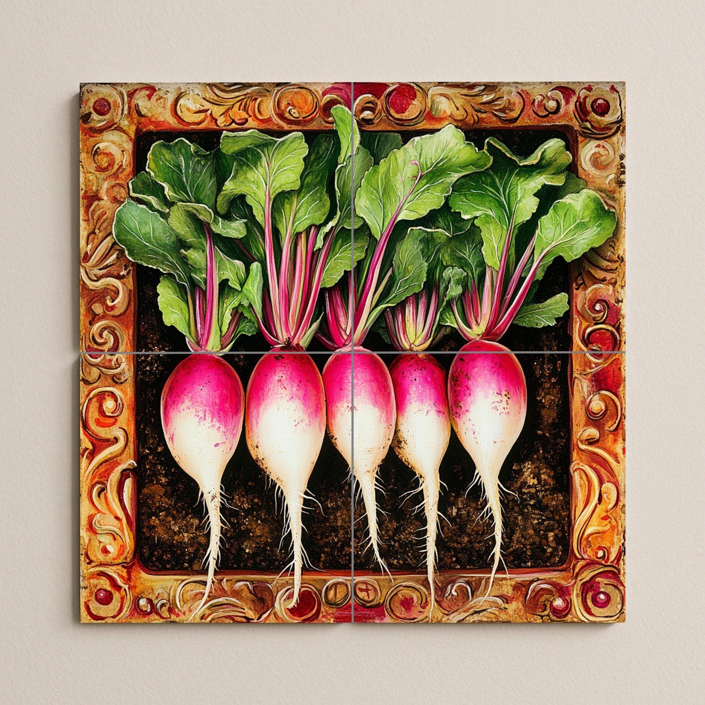 Ceramic tile mural featuring fresh radishes and leafy stems, detailed tuber design with ornate frame, decorative wall art panel