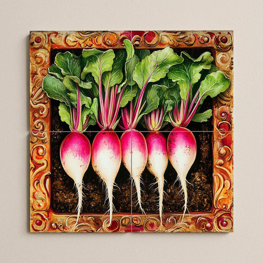 Ceramic tile mural featuring fresh radishes and leafy stems, detailed tuber design with ornate frame, decorative wall art panel