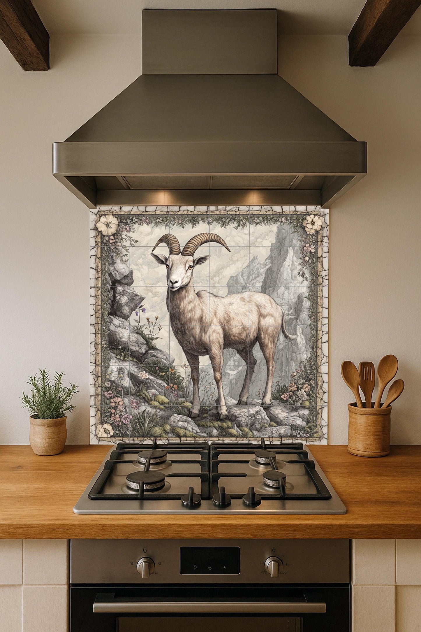 Ceramic tile mural featuring a mountain goat on a rocky cliff, alpine wildlife art panel with detailed horns, floral stone border, rustic wall mural