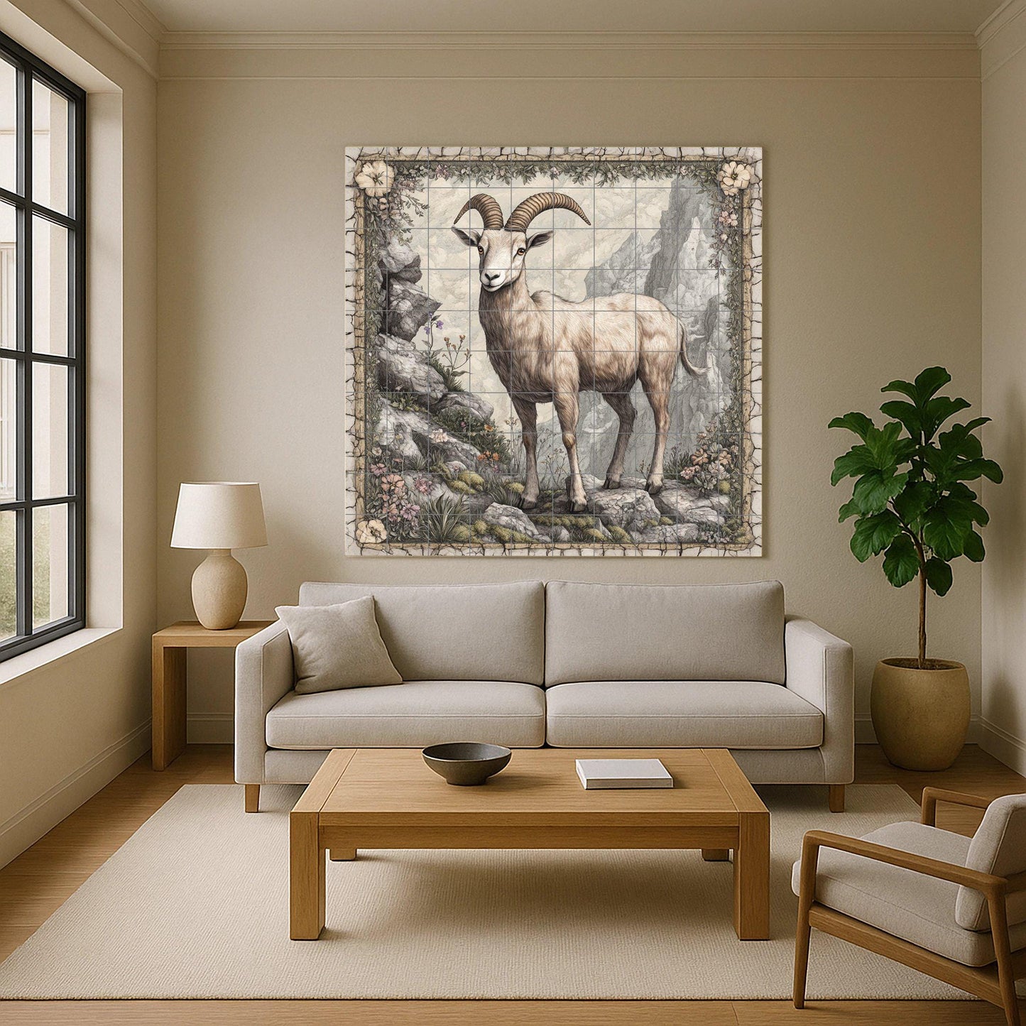 Ceramic tile mural featuring a mountain goat on a rocky cliff, alpine wildlife art panel with detailed horns, floral stone border, rustic wall mural