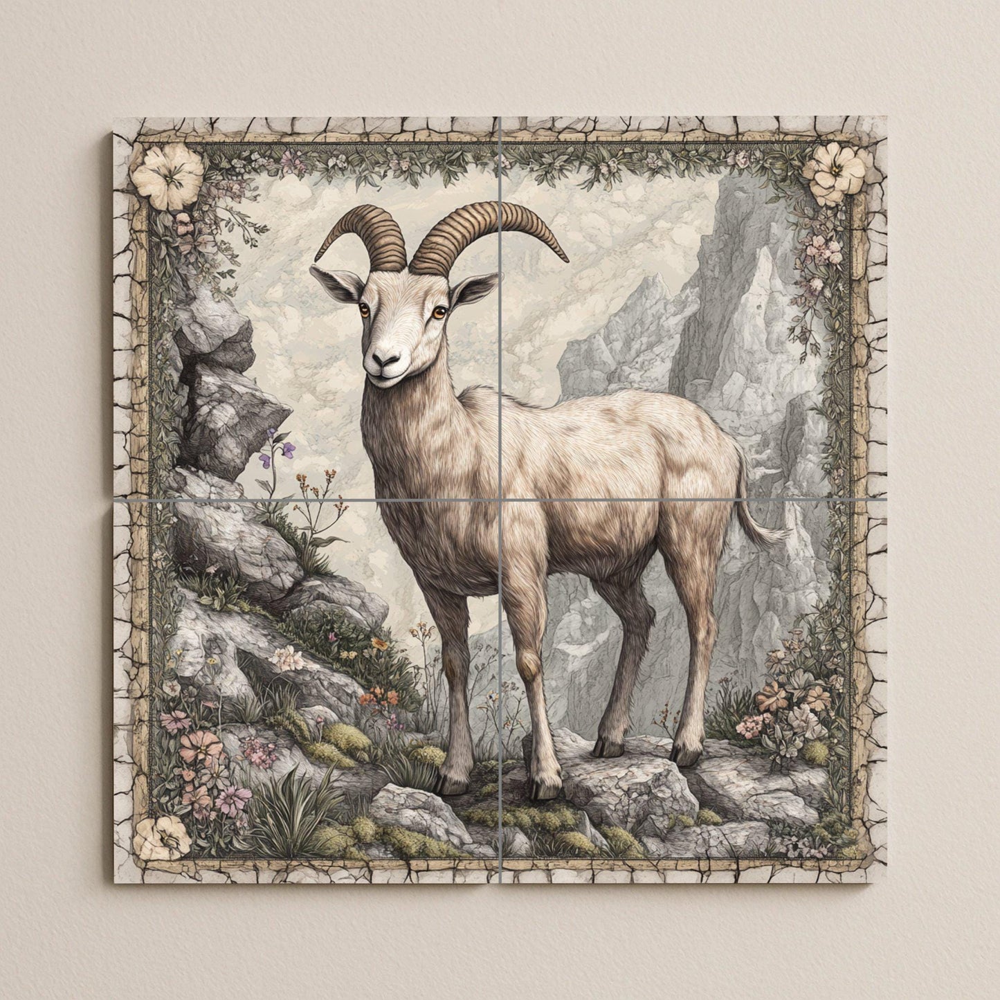 Ceramic tile mural featuring a mountain goat on a rocky cliff, alpine wildlife art panel with detailed horns, floral stone border, rustic wall mural