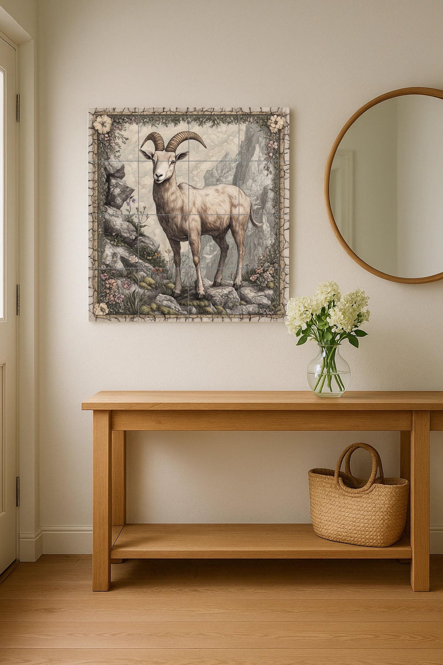 Ceramic tile mural featuring a mountain goat on a rocky cliff, alpine wildlife art panel with detailed horns, floral stone border, rustic wall mural