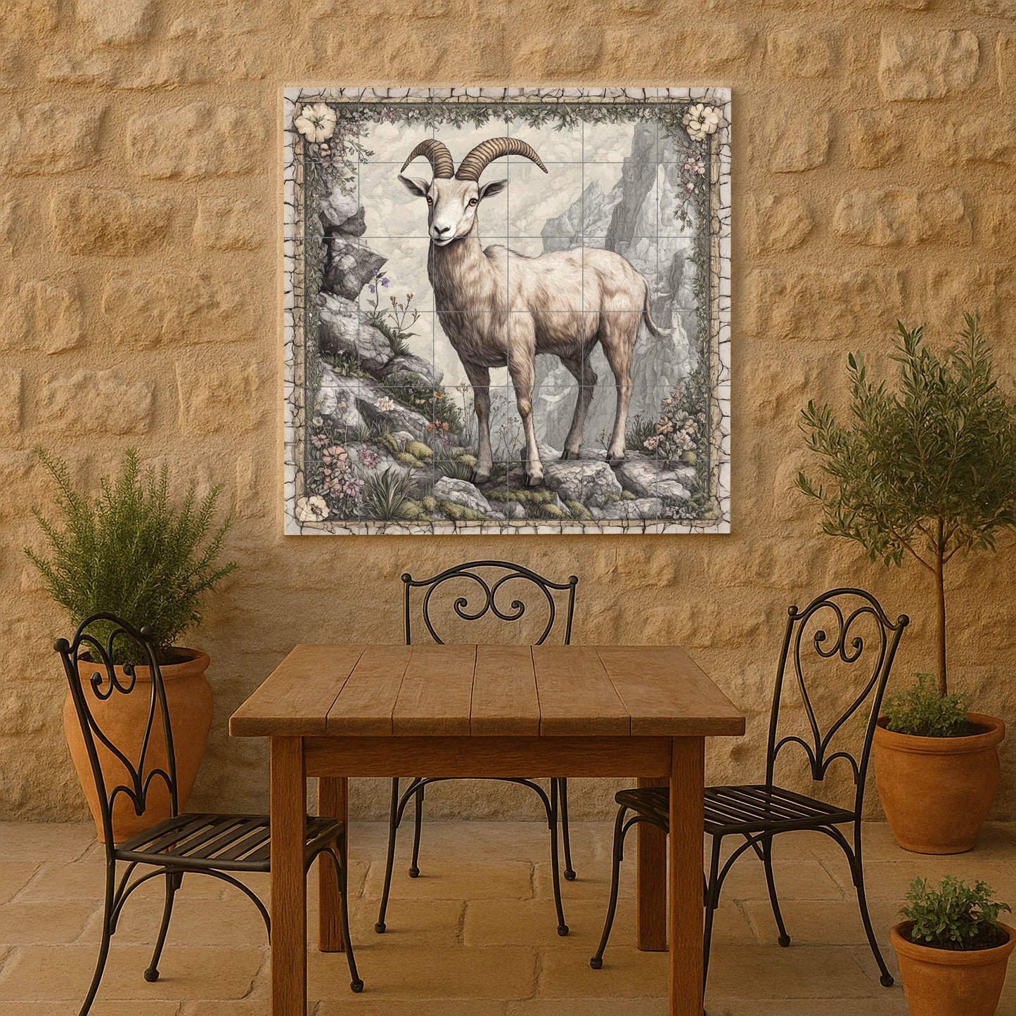 Ceramic tile mural featuring a mountain goat on a rocky cliff, alpine wildlife art panel with detailed horns, floral stone border, rustic wall mural
