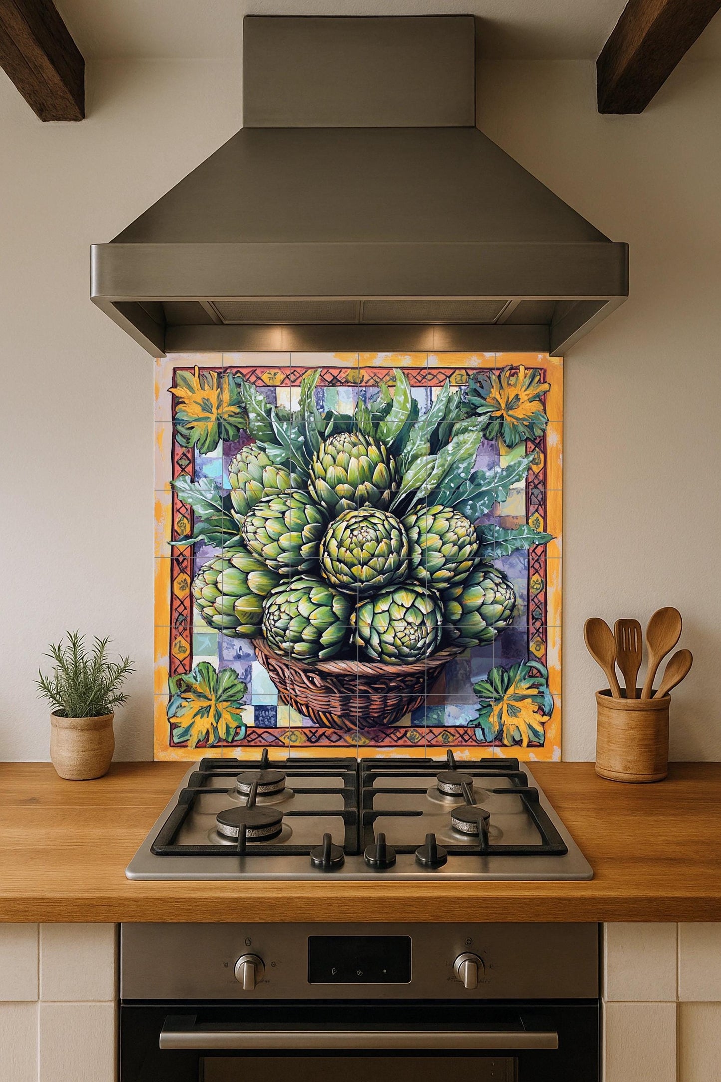 Ceramic tile mural with basket of fresh artichokes and decorative wall art panel with detailed leaf arrangement