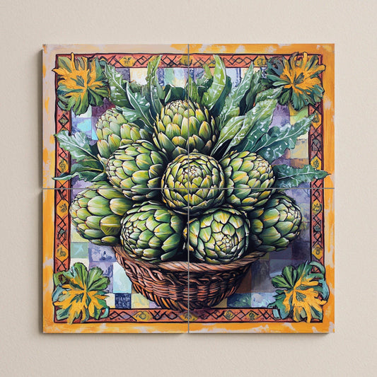 Ceramic tile mural with basket of fresh artichokes and decorative wall art panel with detailed leaf arrangement