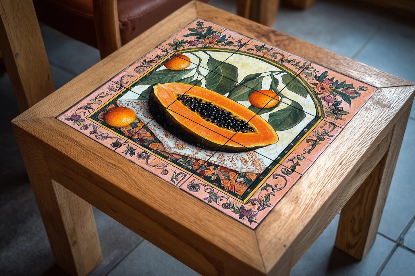 Colonial botanical ceramic tile mural with papaya and citrus fruits, ornate floral border, Latin American still life decorative wall panel