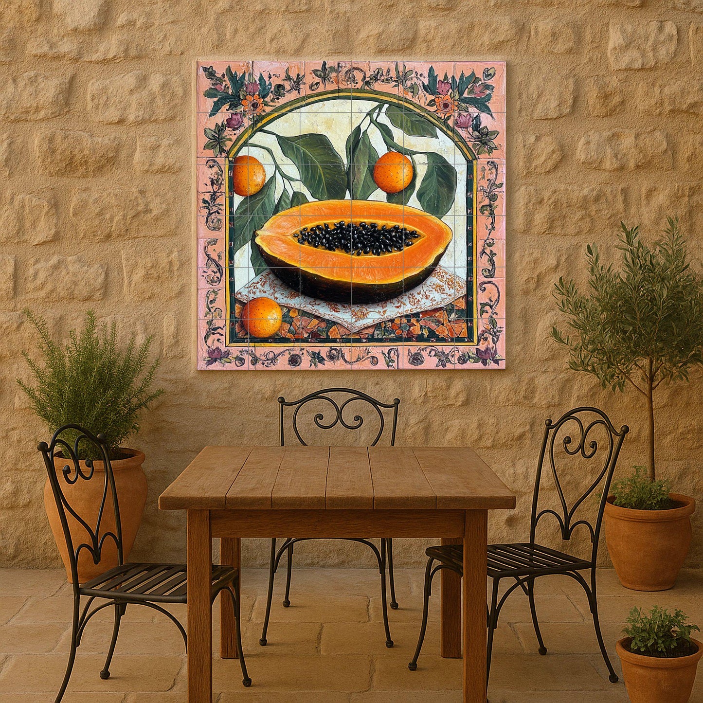 Colonial botanical ceramic tile mural with papaya and citrus fruits, ornate floral border, Latin American still life decorative wall panel
