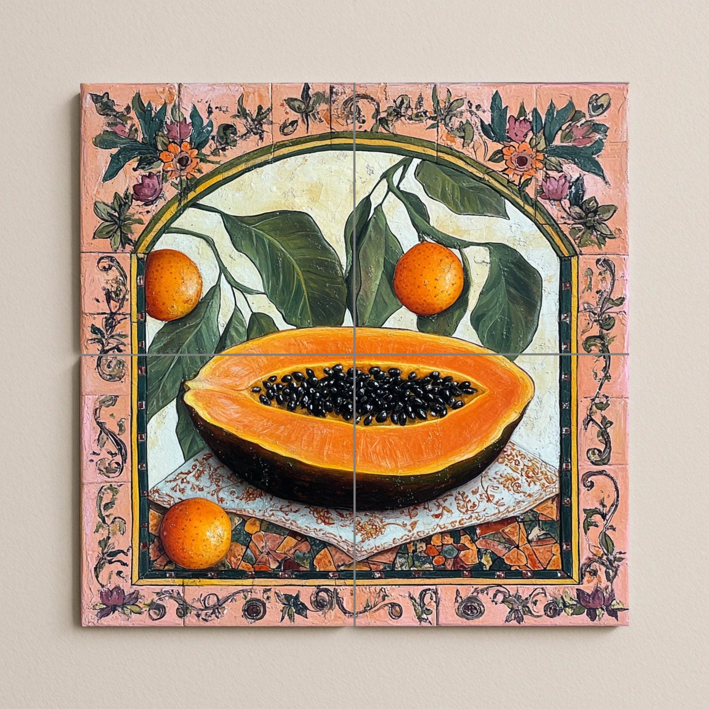 Colonial botanical ceramic tile mural with papaya and citrus fruits, ornate floral border, Latin American still life decorative wall panel