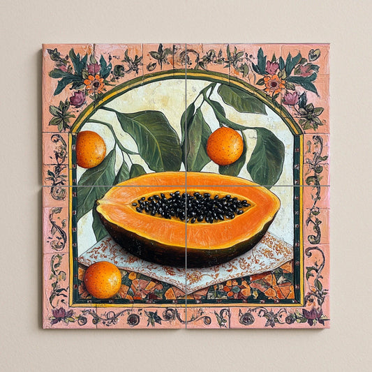 Colonial botanical ceramic tile mural with papaya and citrus fruits, ornate floral border, Latin American still life decorative wall panel