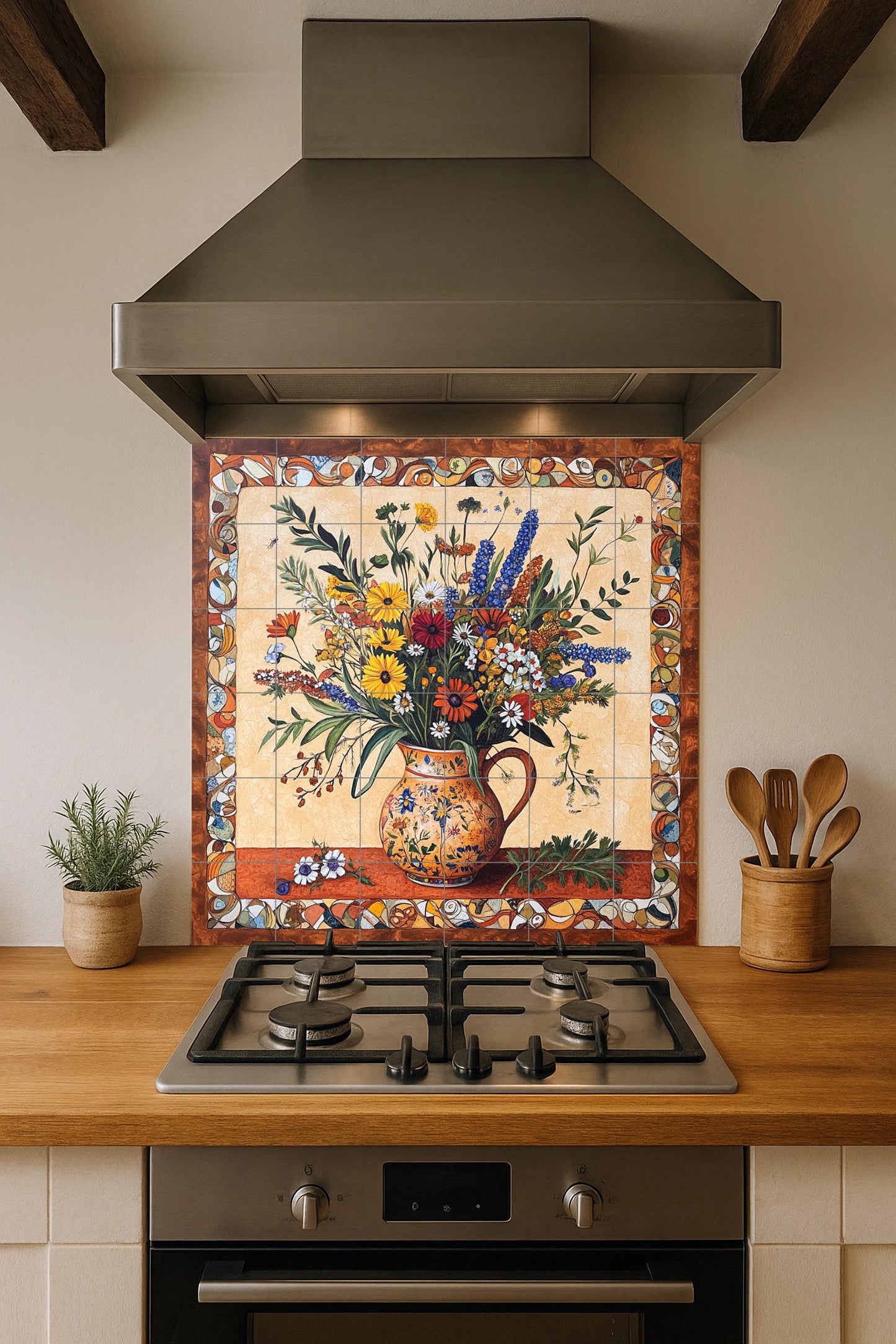 Renaissance botanical ceramic wall mural with ornate floral arrangement in rustic jug, classic decorative border, Mediterranean villa art