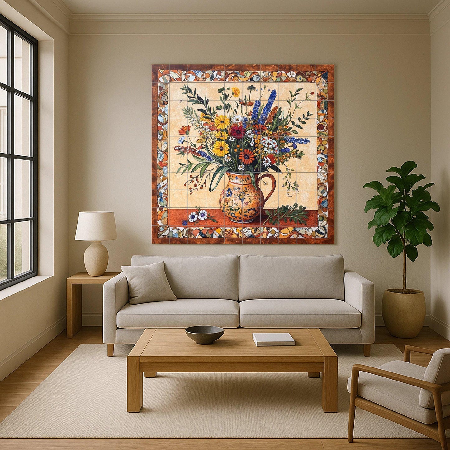 Renaissance botanical ceramic wall mural with ornate floral arrangement in rustic jug, classic decorative border, Mediterranean villa art