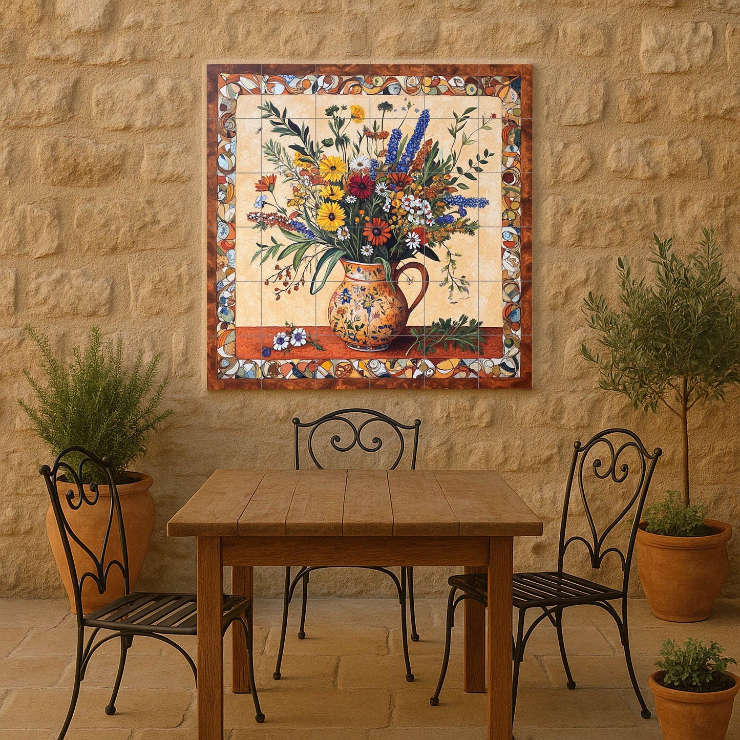 Renaissance botanical ceramic wall mural with ornate floral arrangement in rustic jug, classic decorative border, Mediterranean villa art