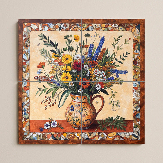 Renaissance botanical ceramic wall mural with ornate floral arrangement in rustic jug, classic decorative border, Mediterranean villa art