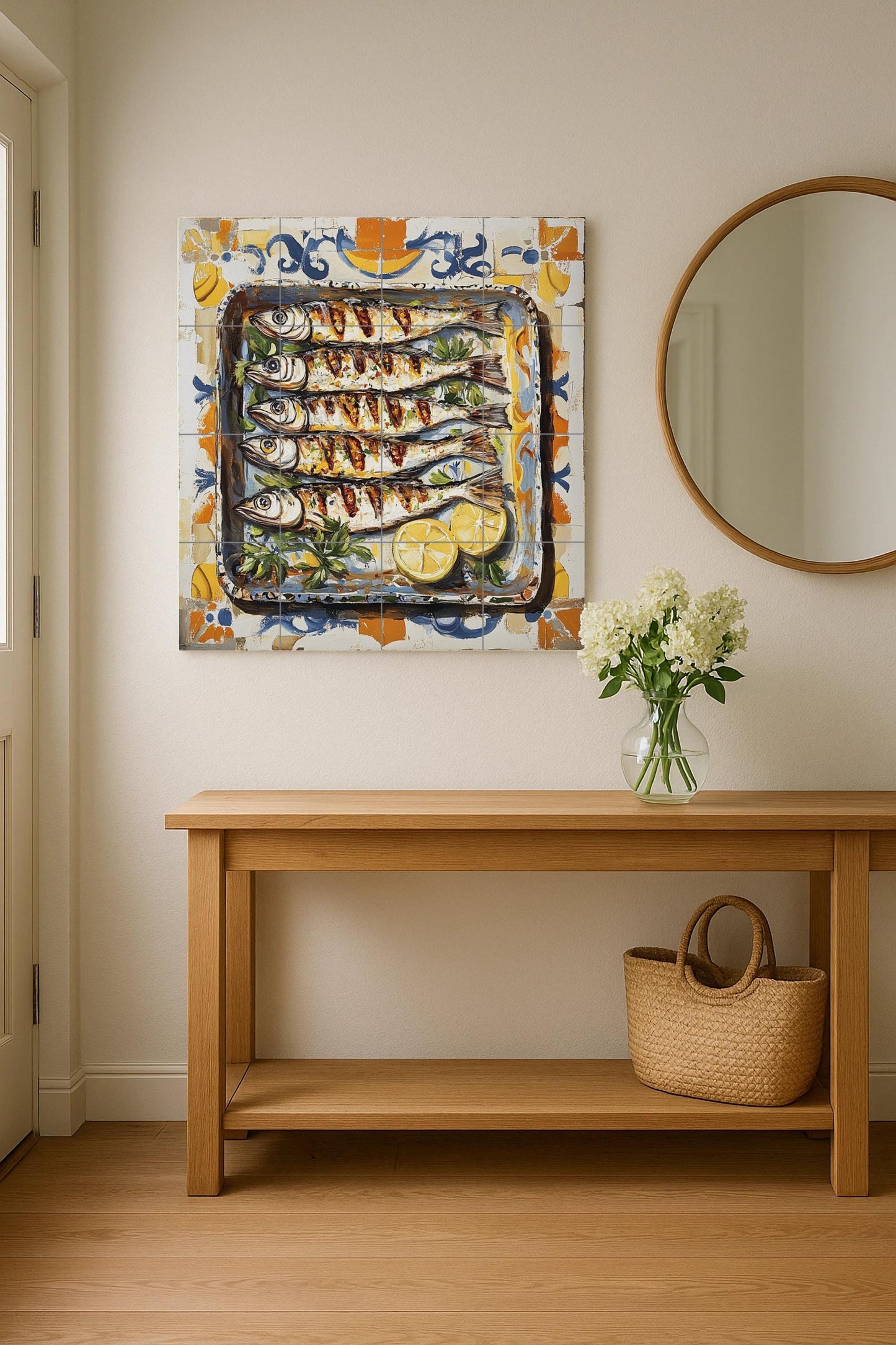 Ceramic tile mural of sardines from Malaga with Andalusian maritime tradition, grilled fish with lemons, decorative Spanish Mediterranean tapas