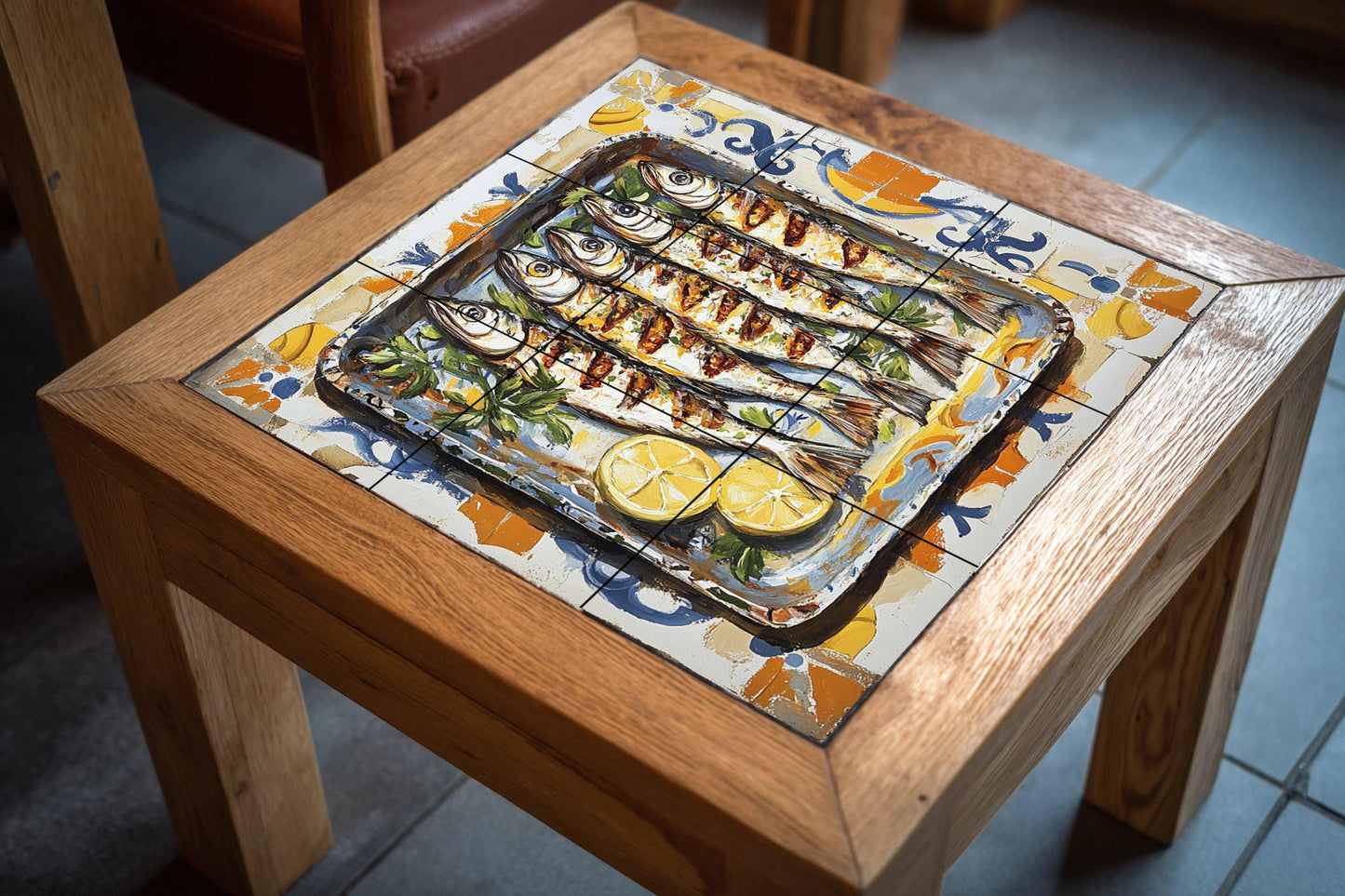 Ceramic tile mural of sardines from Malaga with Andalusian maritime tradition, grilled fish with lemons, decorative Spanish Mediterranean tapas