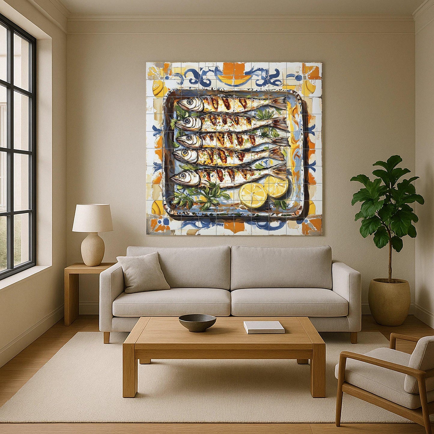 Ceramic tile mural of sardines from Malaga with Andalusian maritime tradition, grilled fish with lemons, decorative Spanish Mediterranean tapas