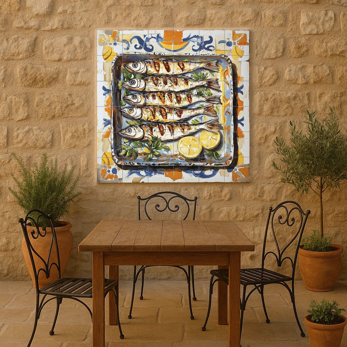 Ceramic tile mural of sardines from Malaga with Andalusian maritime tradition, grilled fish with lemons, decorative Spanish Mediterranean tapas