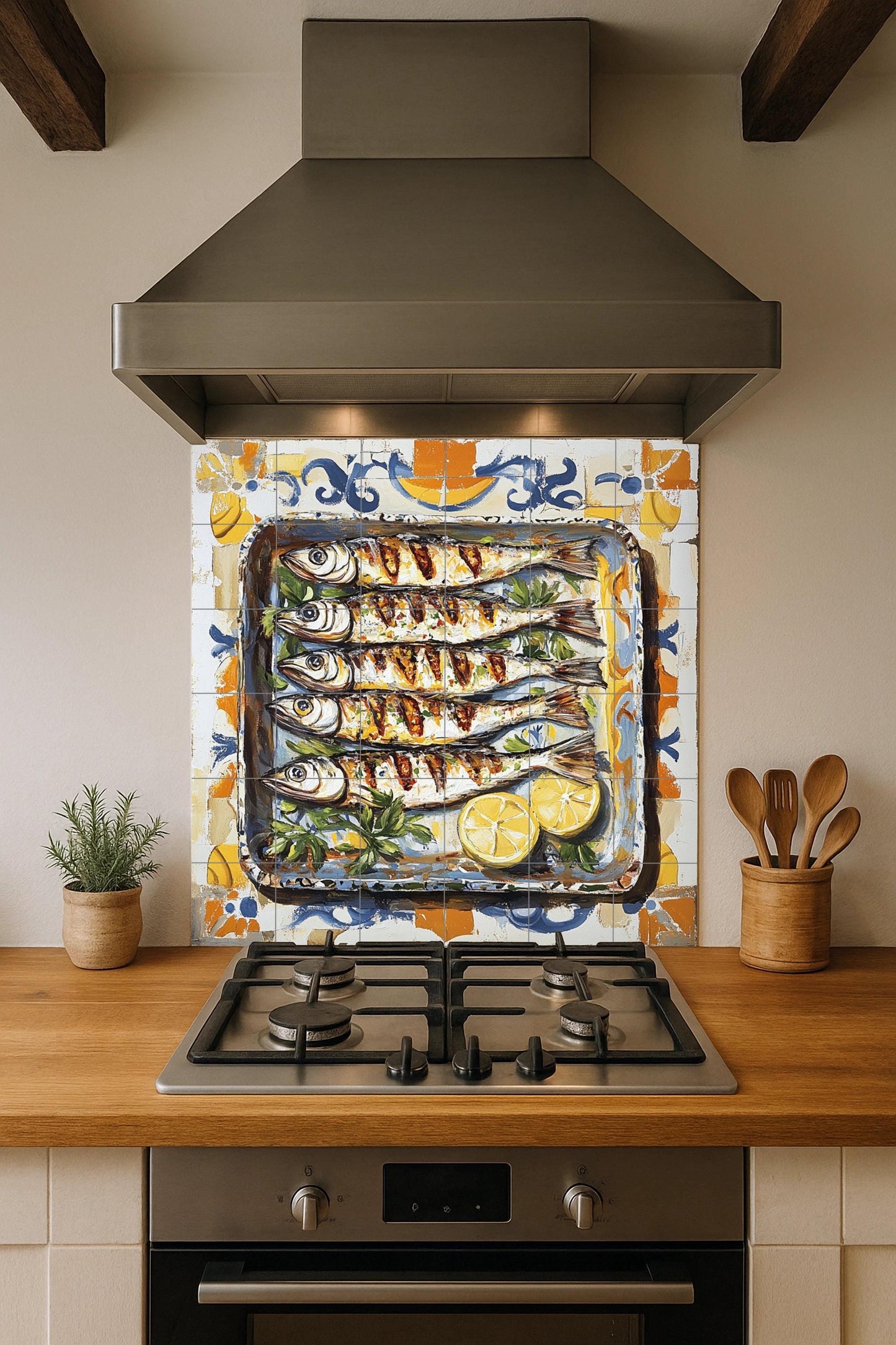 Ceramic tile mural of sardines from Malaga with Andalusian maritime tradition, grilled fish with lemons, decorative Spanish Mediterranean tapas