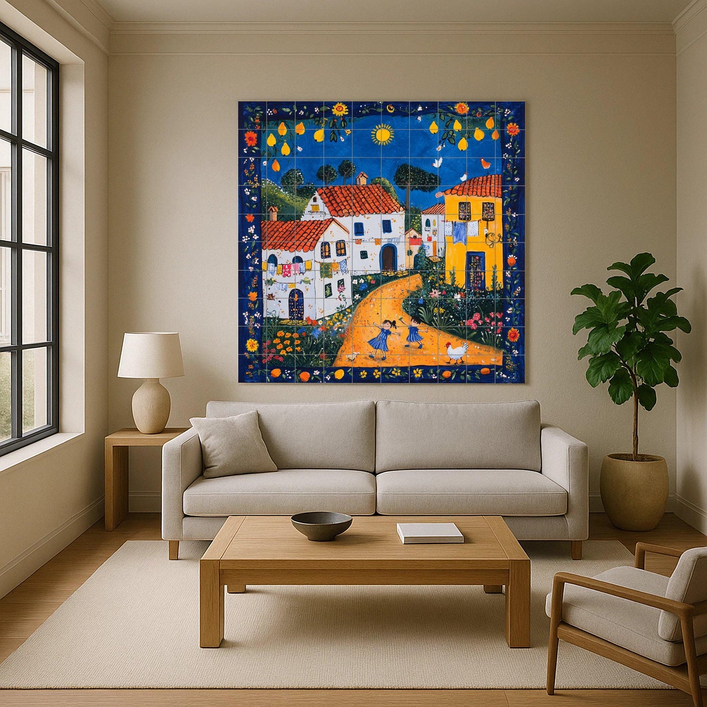 Portuguese naive art ceramic mural with terracotta roofed houses, a cheerful rural village and a decorative panel of folk tiles.
