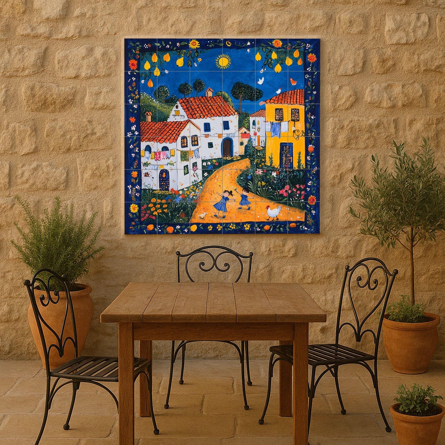Portuguese naive art ceramic mural with terracotta roofed houses, a cheerful rural village and a decorative panel of folk tiles.